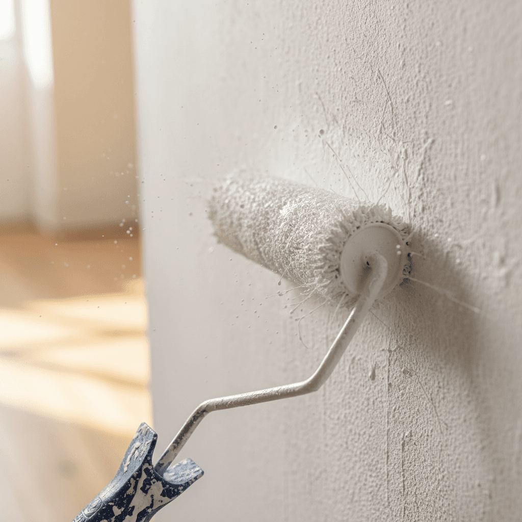 Paint roller applying fresh paint to a textured interior wall.
