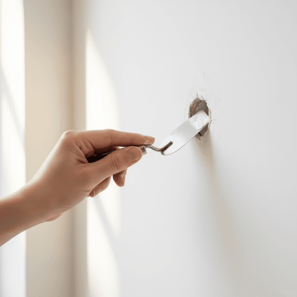 Filling a hole in a wall with filler and a trowel