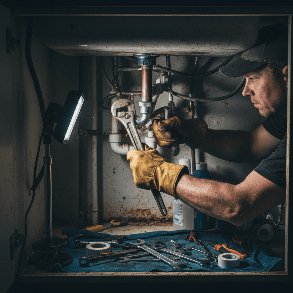 Plumber's hands repairing a pipe under a kitchen sink