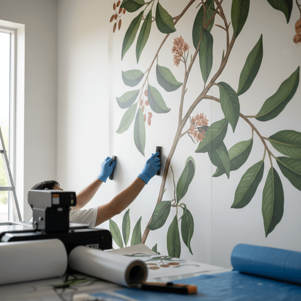 Technician's hands carefully applying a custom printed botanical mural to a white residential wall with natural light highlighting the artwork detail.