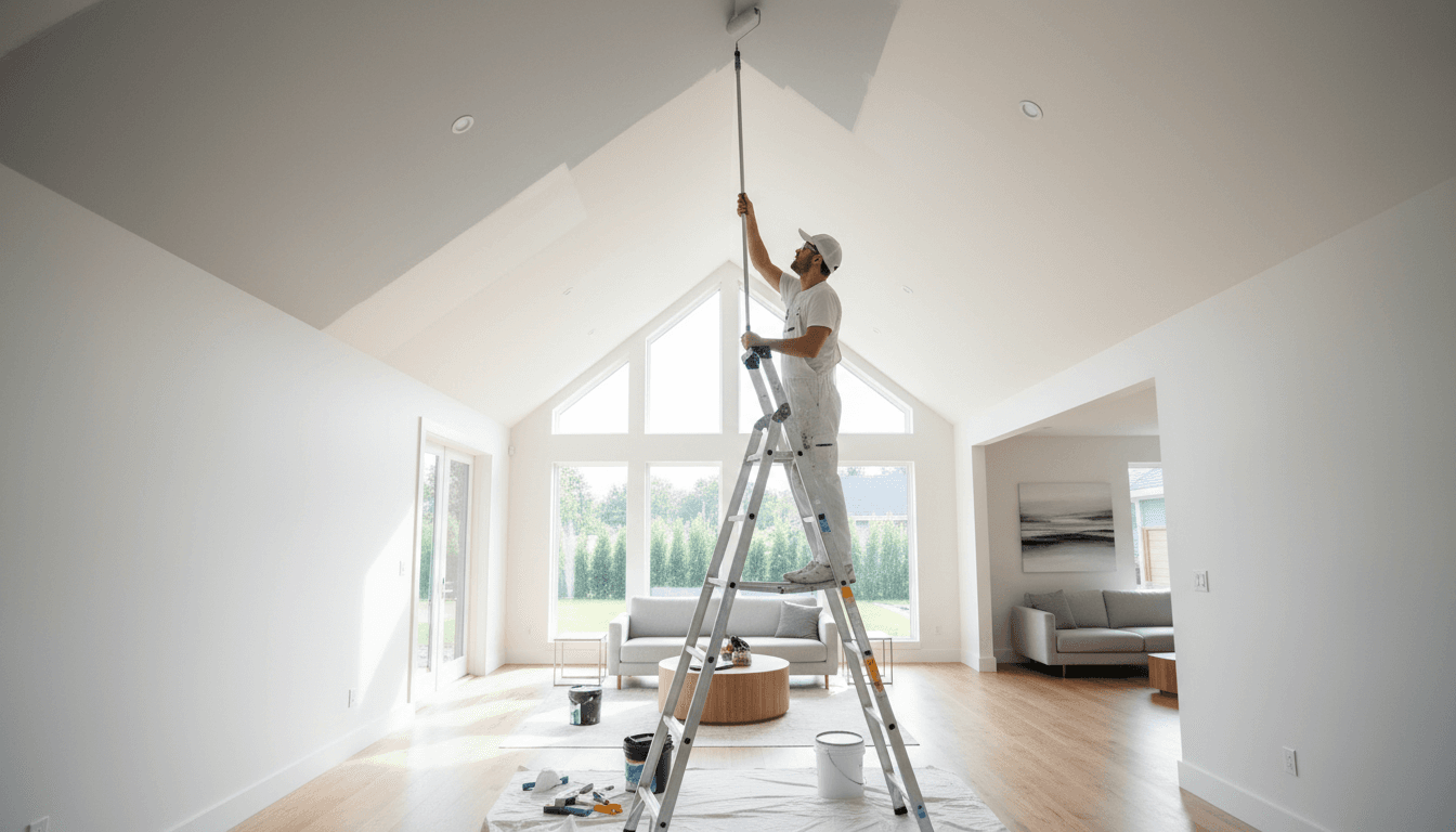 Professional painter standing on tall ladder carefully painting a vaulted ceiling in spacious, naturally lit residential living room.