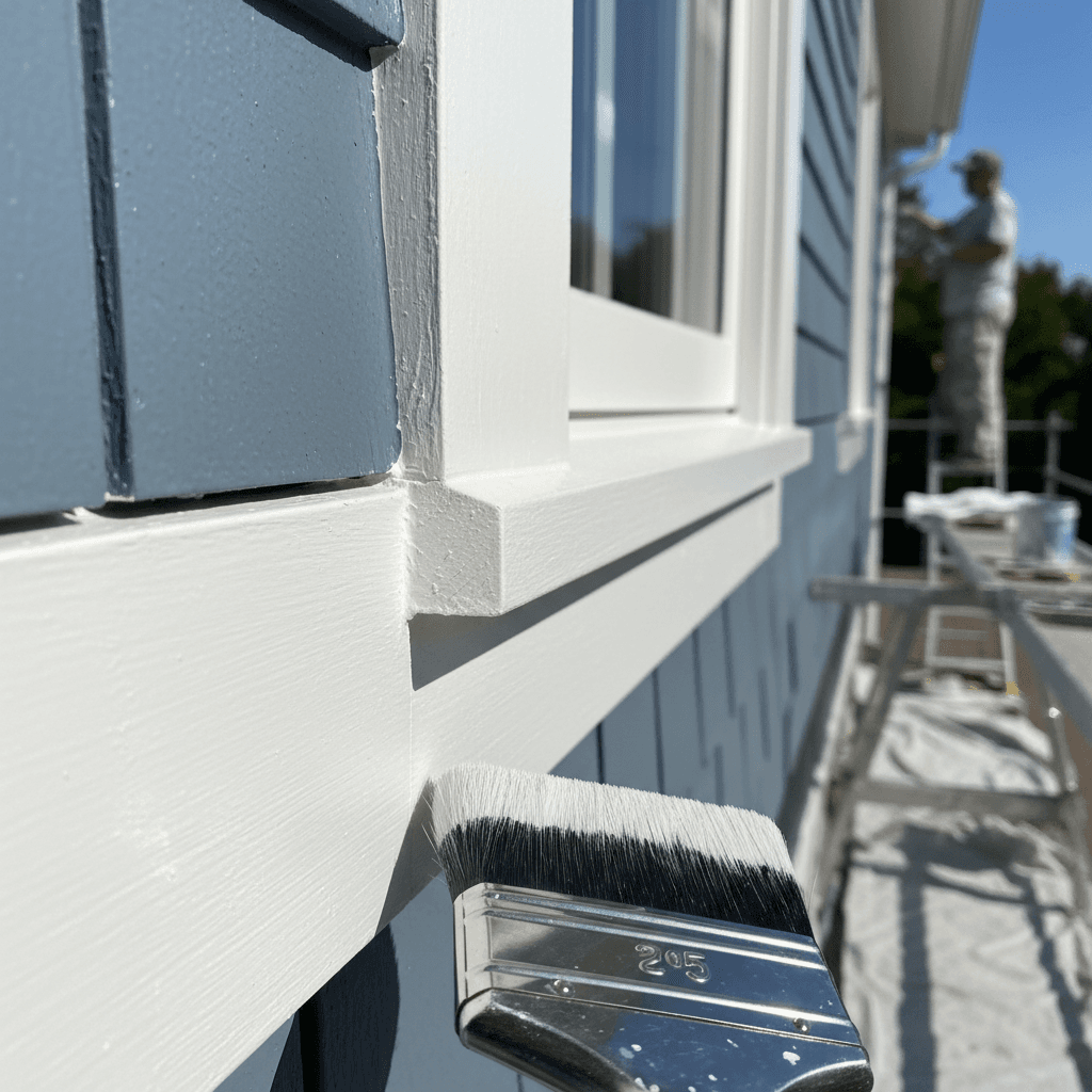 Close-up of professional exterior paint application on wooden trim with precise brush technique