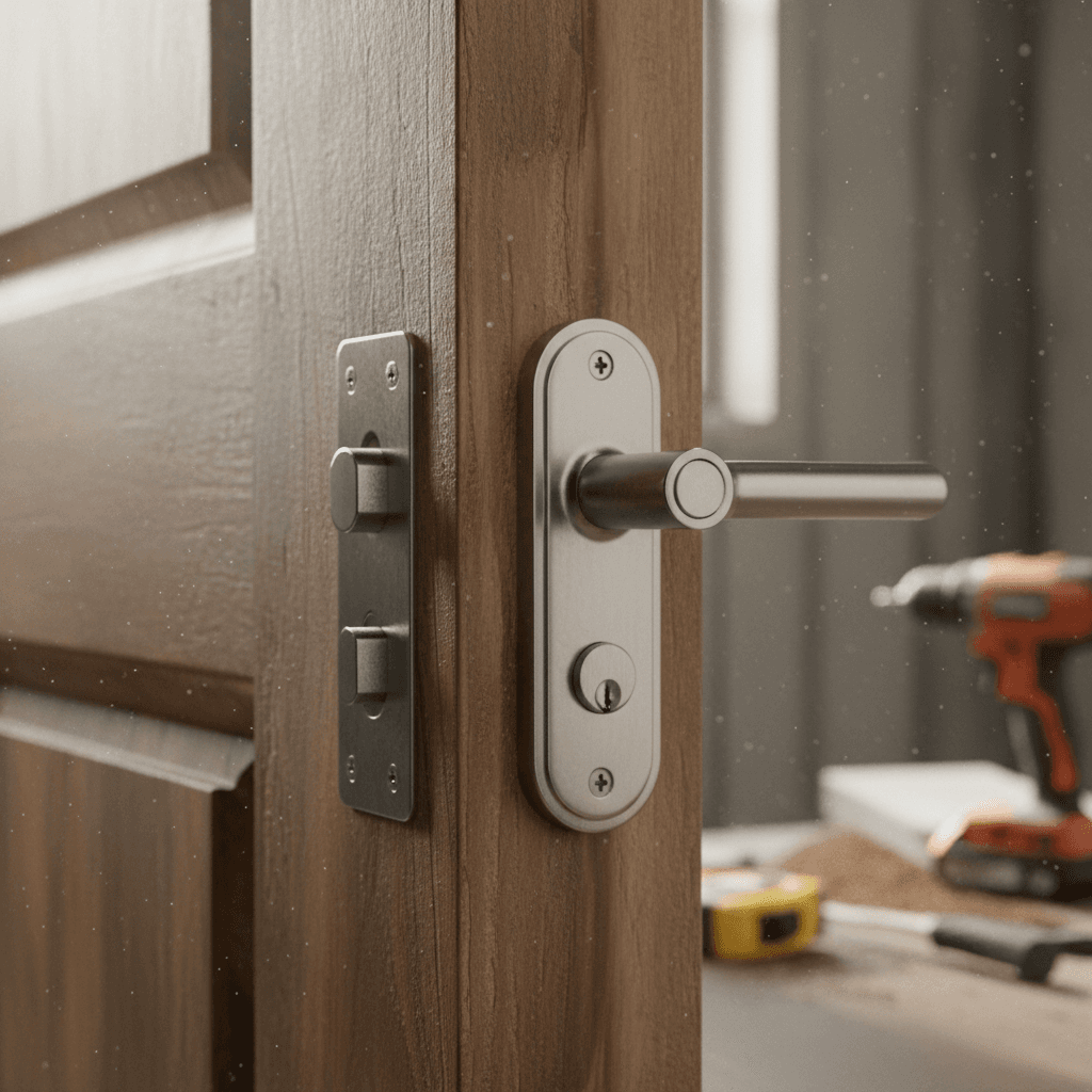 A repaired door hinge in a South Lanarkshire property, restored to smooth operation
