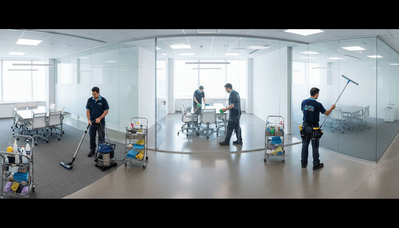 Team of three uniformed cleaners working simultaneously in modern corporate office on different cleaning tasks