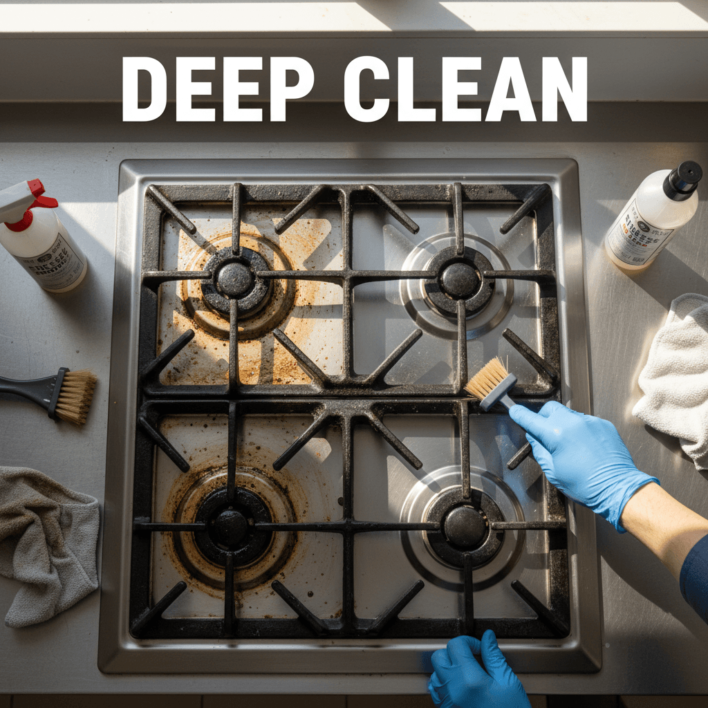 Overhead view of gloved hands deep cleaning kitchen stovetop and stainless steel surfaces with specialized tools