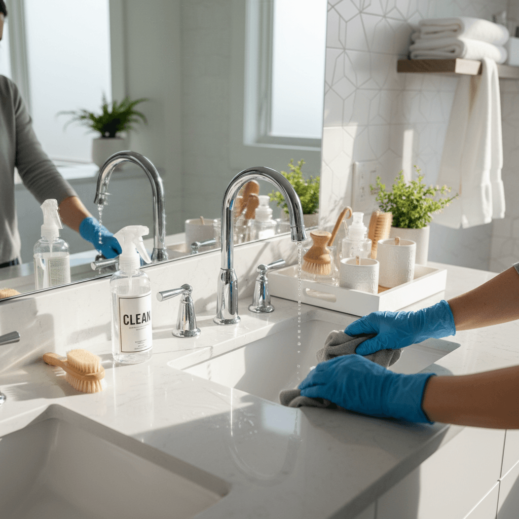 A bathroom vanity in a Glasgow home, cleaned to a streak-free finish