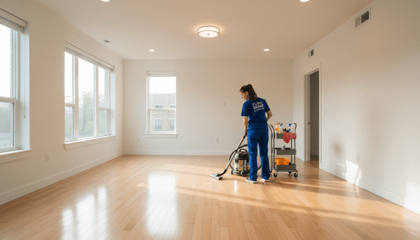 Professional cleaner vacuuming gleaming hardwood floors in bright, spotless move-in ready apartment with natural light