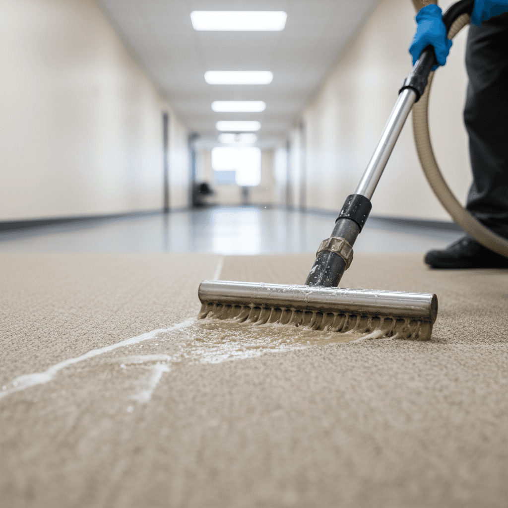 Gloved hands operating professional carpet cleaning equipment on commercial-grade carpet in institutional hallway